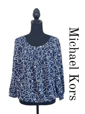 Michael by Michael Kors Nautical Rope Print Blouson Knit Top sz S Navy White GUC